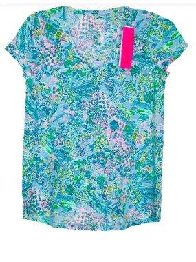 Lilly Pulitzer Etta V-Neck Top-Lilly Loves South Carolina-Surf Blue NWT
